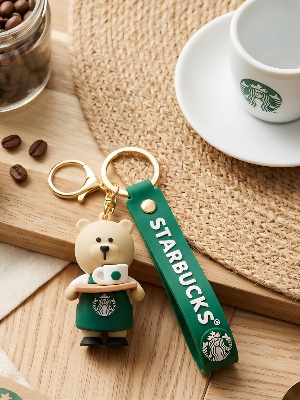 Starbucks Beige Bear with Green Branded Strap Keychain